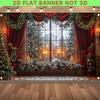 2D Flat Christmas Background Cloth, Elegant Red Curtain Window with Snowy Forest View Backdrop