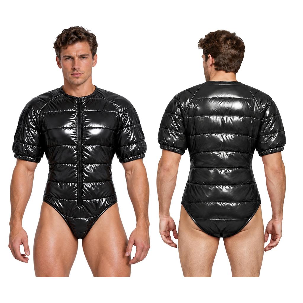 Mens Water Resistant Padded Short Sleeve Bodysuit Zipper Front Round Neck Leotard for Outdoor Sports Daily Casual Wear Travel