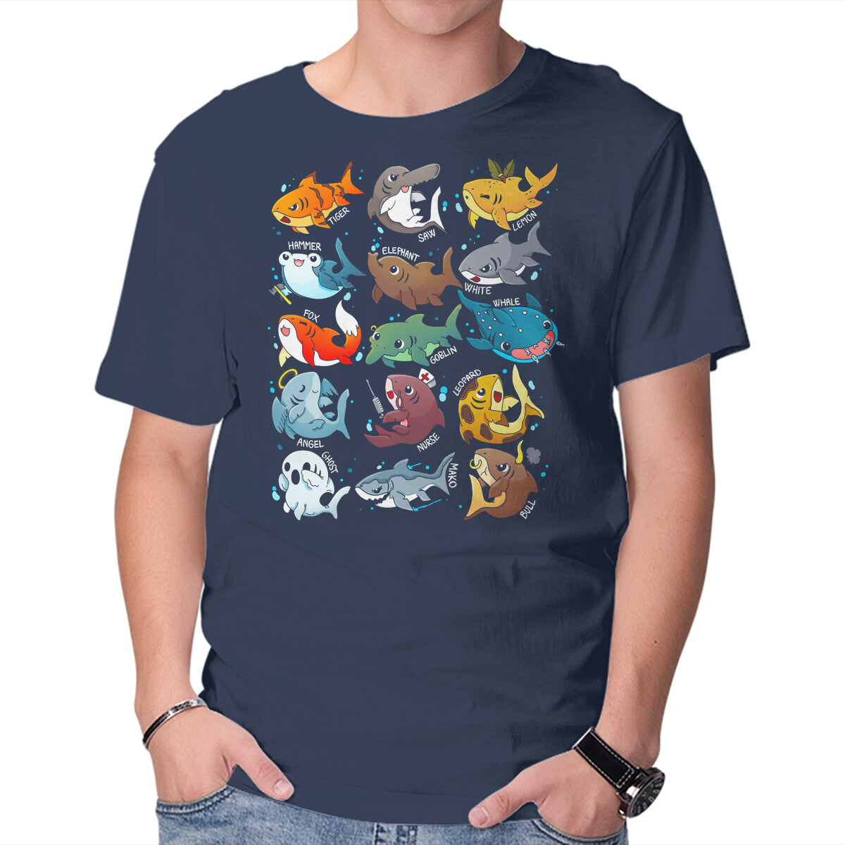 Unisex Crew Neck T-Shirt Sharks Graphic Short Sleeve Casual Tee L
