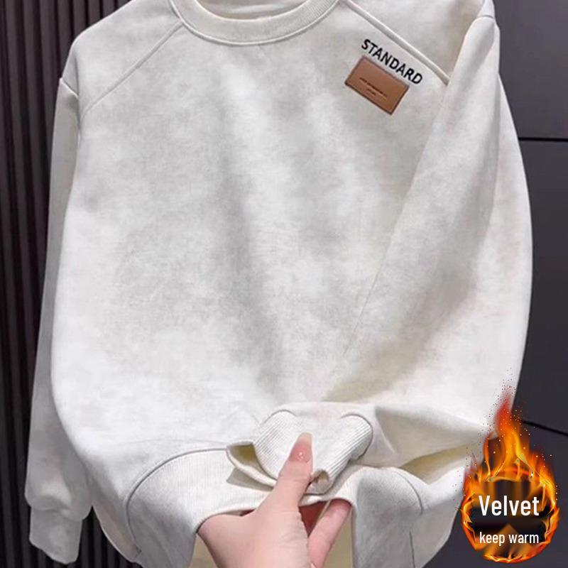 

Korean Style Slim Fit Velvet Long Sleeve Round Neck Heavyweight Sweatshirt for Men - Autumn/Winter Medium абрикосовий