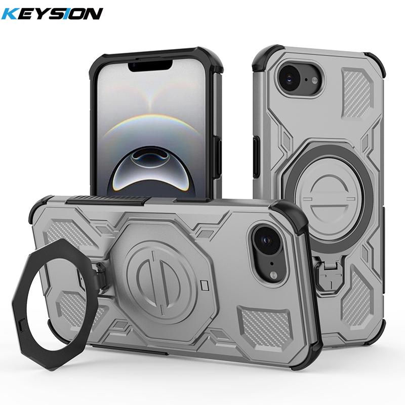 KEYSION Shockproof Magnetic Case for iPhone 16e Soft Silicone+PC Upright Live Metal Ring Stand Phone Back Cover for iPhone 16e