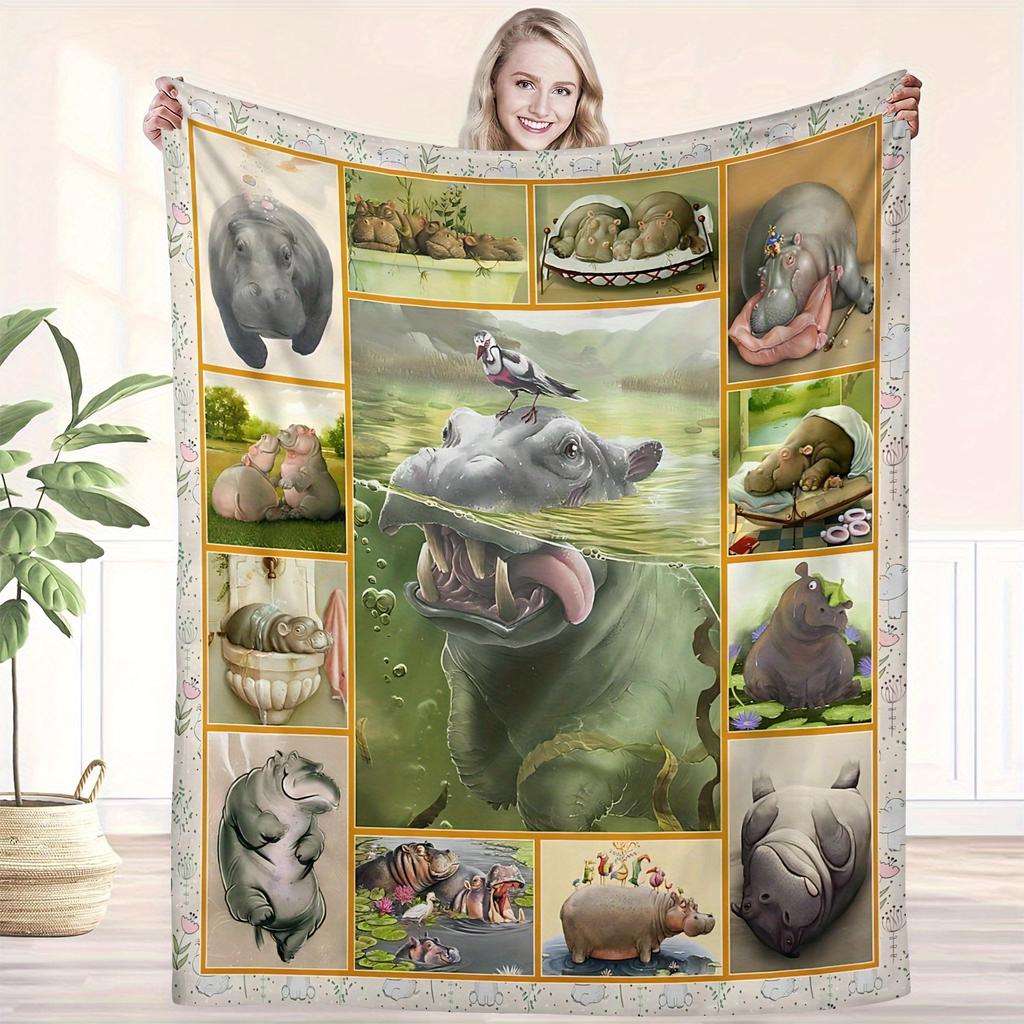 Vintage Hippo Theme Cute Animal Print Art Blanket - Lightweight Soft All-Season Multi-Purpose Throw for Sofa & Birthday Gift