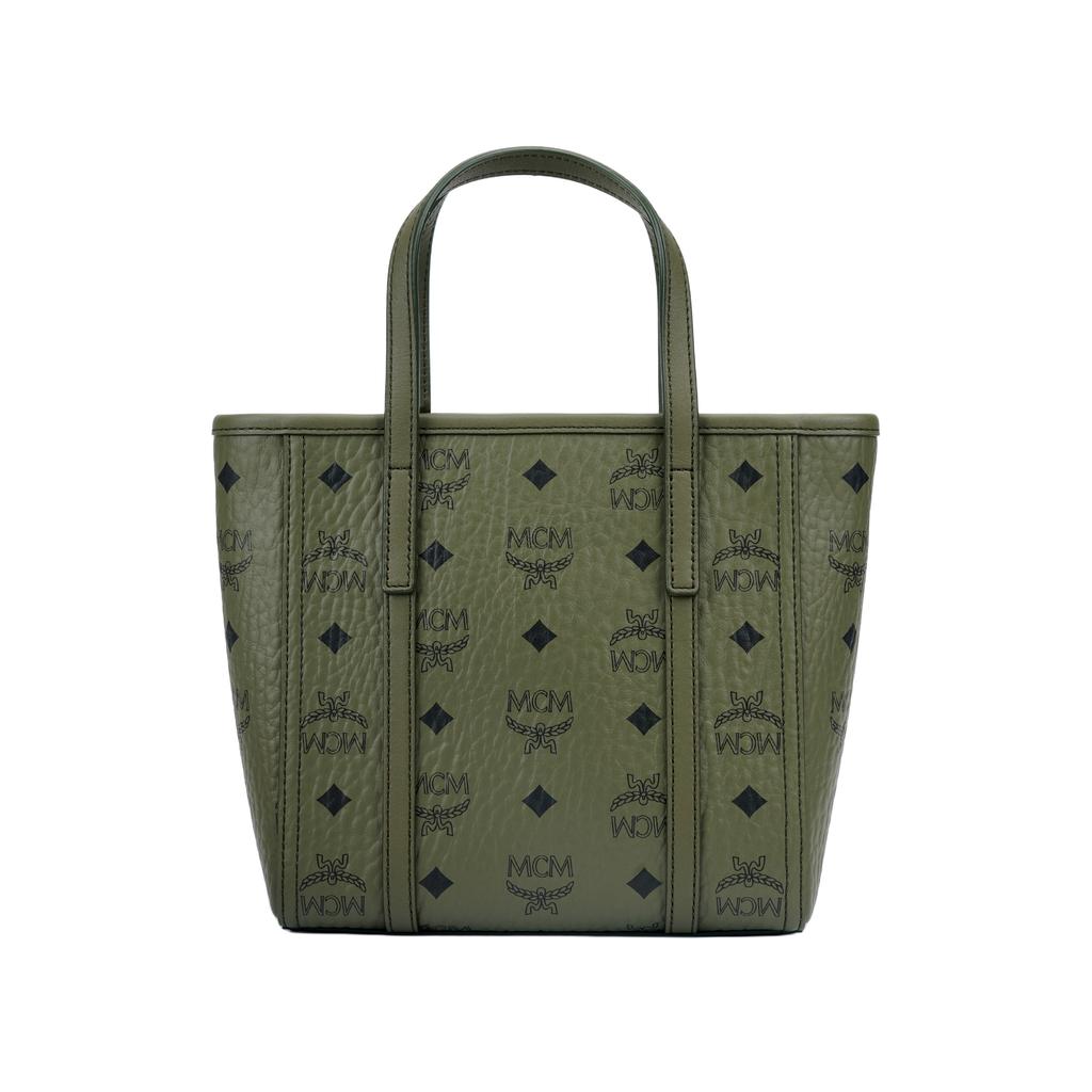 MCM Logo Print Brass Nameplate Tote Bag Visetos Classic Pattern Faux Leather Handbag Mini Women Tote Bags Green MWPFAMT08K8001