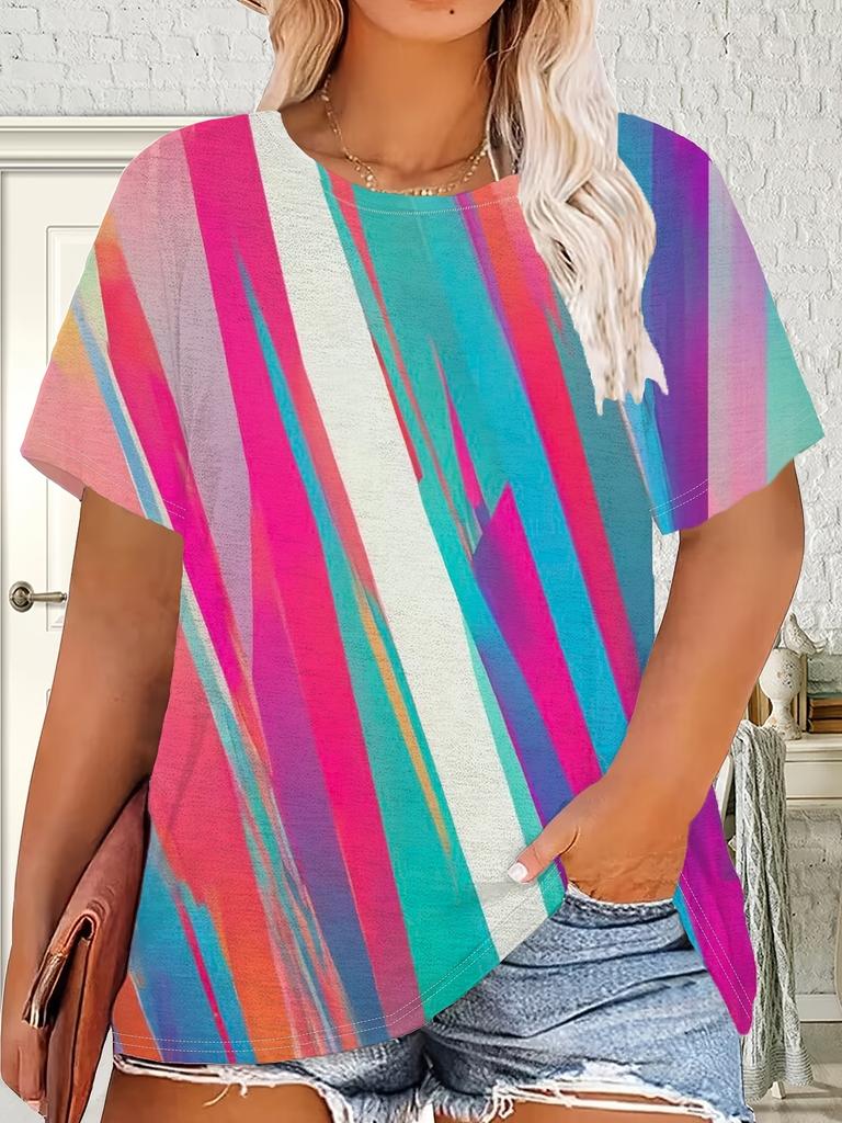 Plus-Size Women'S Round-Neck Short-Sleeve T-Shirt with Pink. Purple. And Blue Gradient Print. Vibrant And Trendy Street Style Top