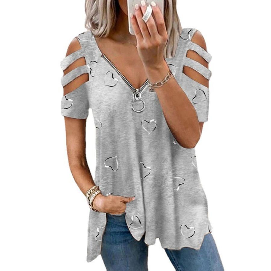 New Foreign Style Women's T-Shirt V-Neck Zipper Printed Loose Casual Top