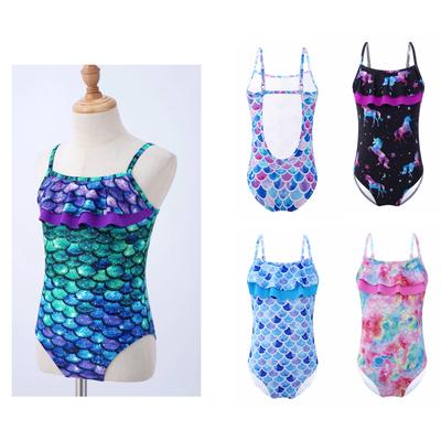 One-Piece Adjustable Straps Ruffle Hem Swimming Jumpsuit Kids Girls Swimwear Beach Pool Party