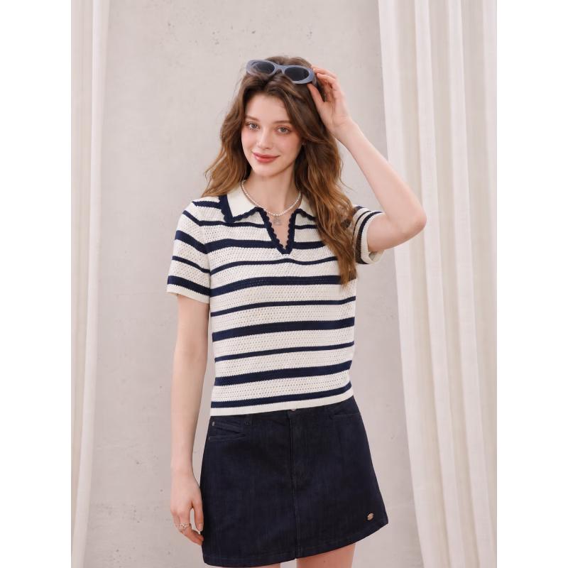 CHOCOOLATE Women's Color-Block Striped Knit Polo