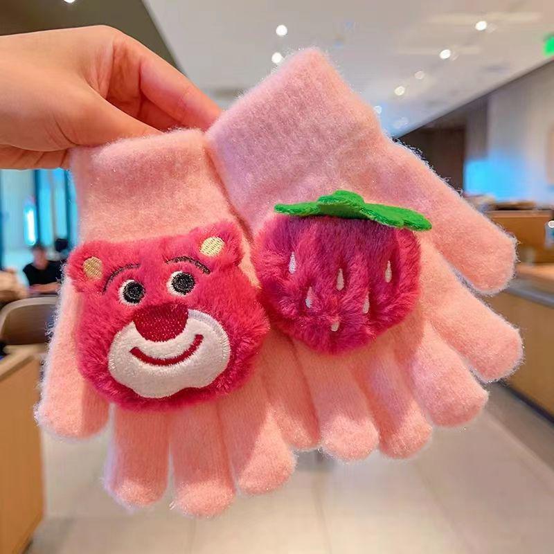 

In Stock: Adorable Strawberry Bear Plush Fingerless Gloves for Girls - Warm, Windproof, Winter Design One Size