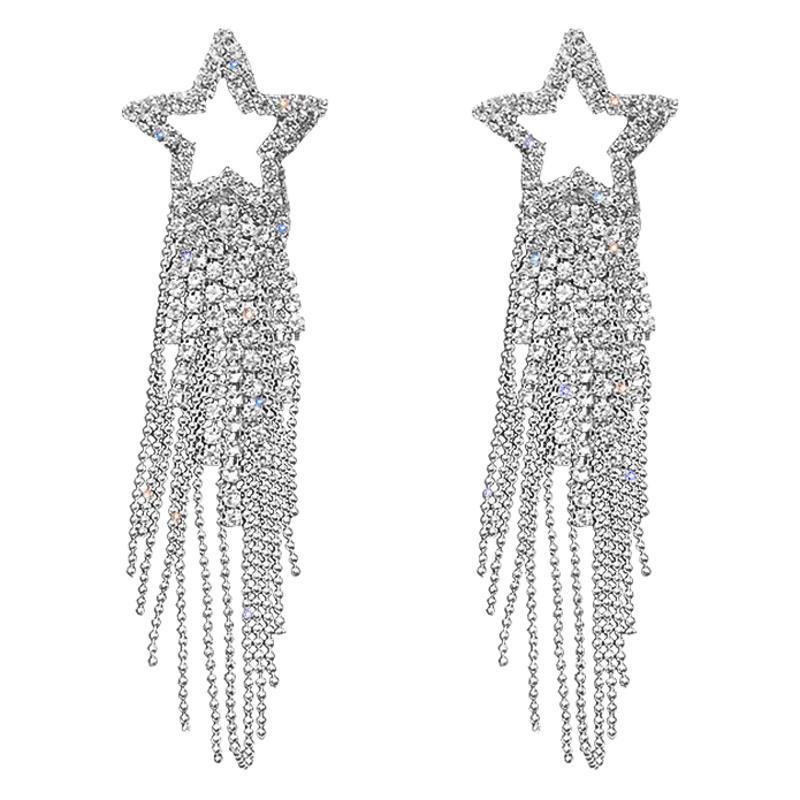 Sterling Silver Star Tassel Earrings - Elegant Studs with High-End Luxury Feel, Full Diamond Design, New Style, Celebrity-Inspired Accessories.