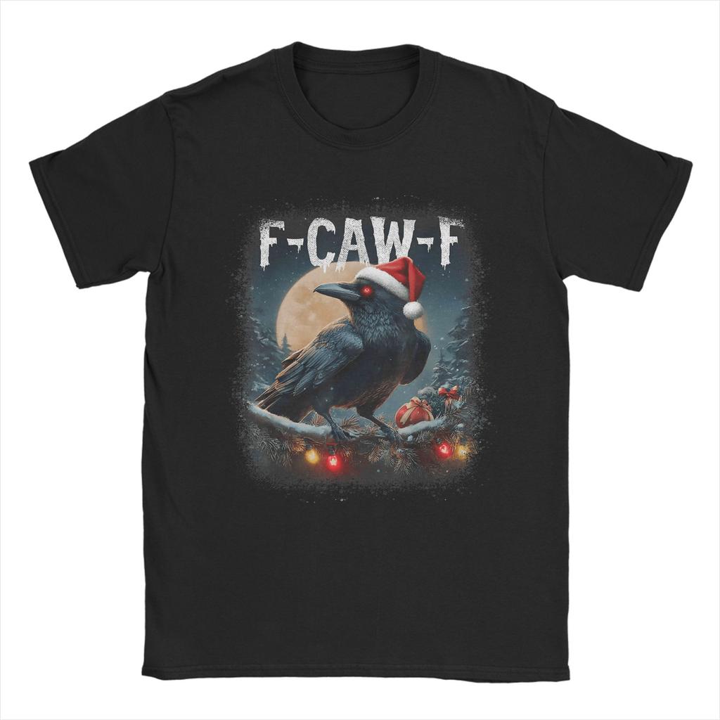 Crow F-Caw-F Funny Black Bird Moon Christmas Santa Hat T-Shirt for Men Crew Neck T Shirts Short Sleeve Tee Shirt Clothing
