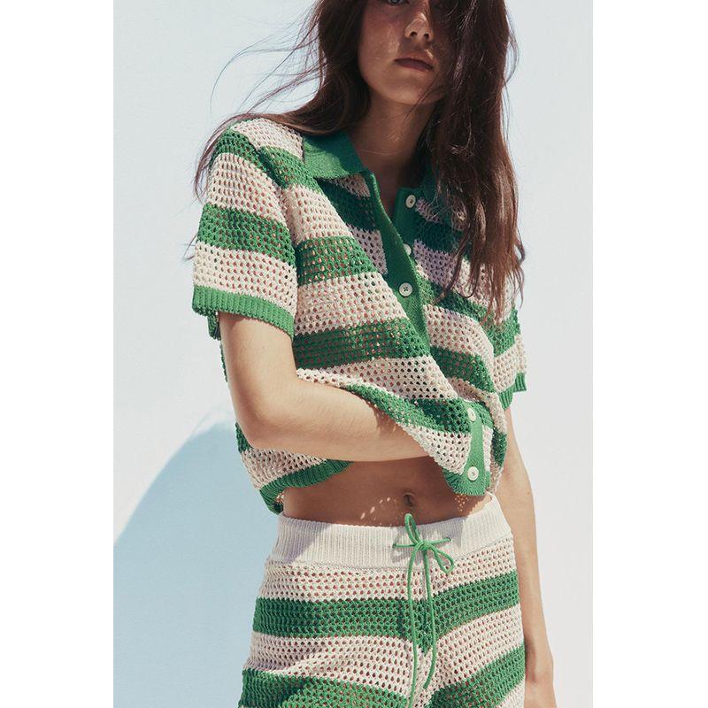 Young Knitted Short sleeve Polo Shirt Collar Outerwear 3920284 Lace-up High Waist Knit shorts 3920285