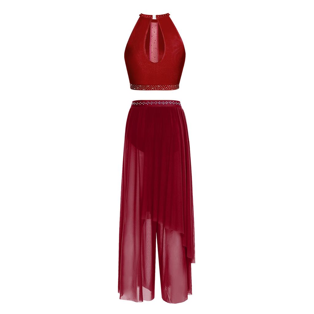 Traje de Danza Lírica para Mujer con Pedrería, Top sin Mangas tipo Camiseta sin Mangas, Pantalones de Malla con Superposición Irregular, Ropa de Baile
