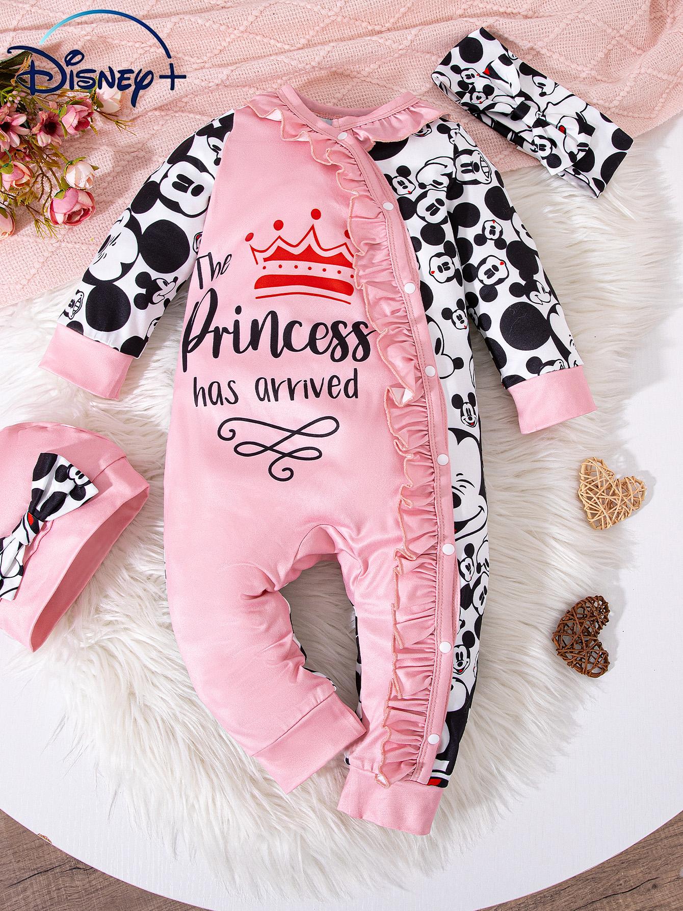 

Детская мода Мультяшный принт Круглый вырез Длинный рукав Комбинезон со шляпой и повязкой на голову 1M розовый