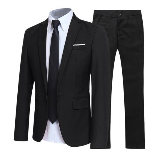 1 Set Men Jacket Pants Solid Color Turndown Collar Slim Fit Business Suit Set Plus Size Groom Blazer Trousers for Wedding Office