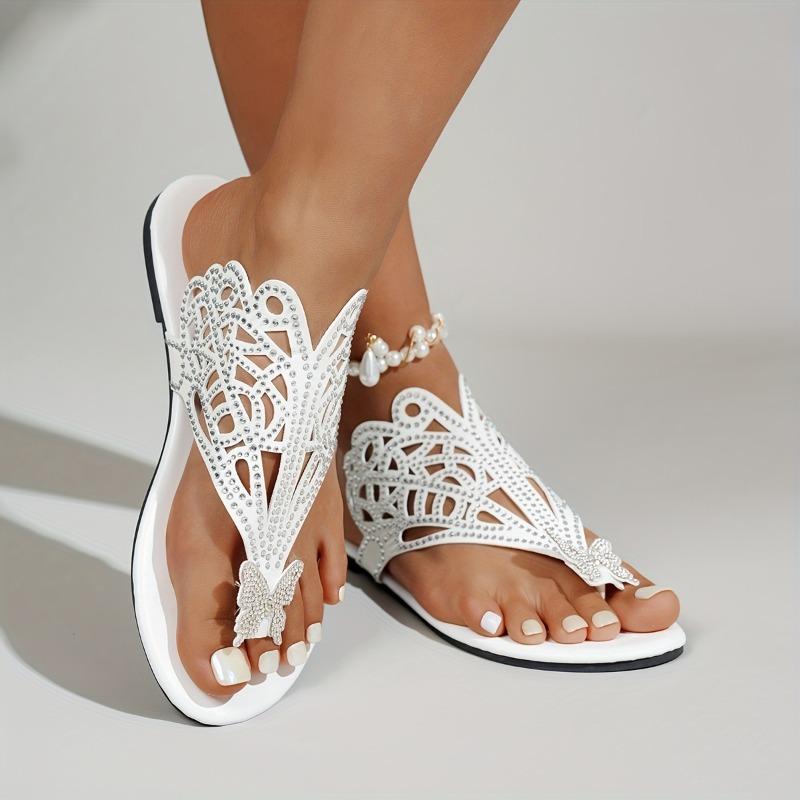 Women's Ethnic Butterfly Slip-On Sandals: butterfly, split-toe, cushioned sole, all-season. For casual outings, parties, beach.