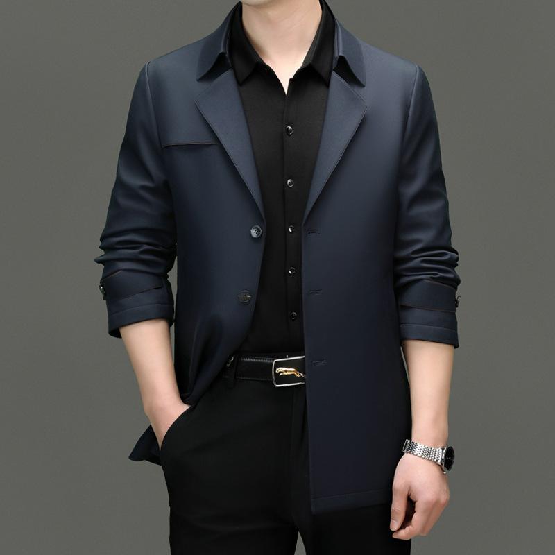 Men's Mulberry Silk Windbreaker Mid-length British Style Suit Collar Jacket Business Casual Large Size Jacket Spring Wear