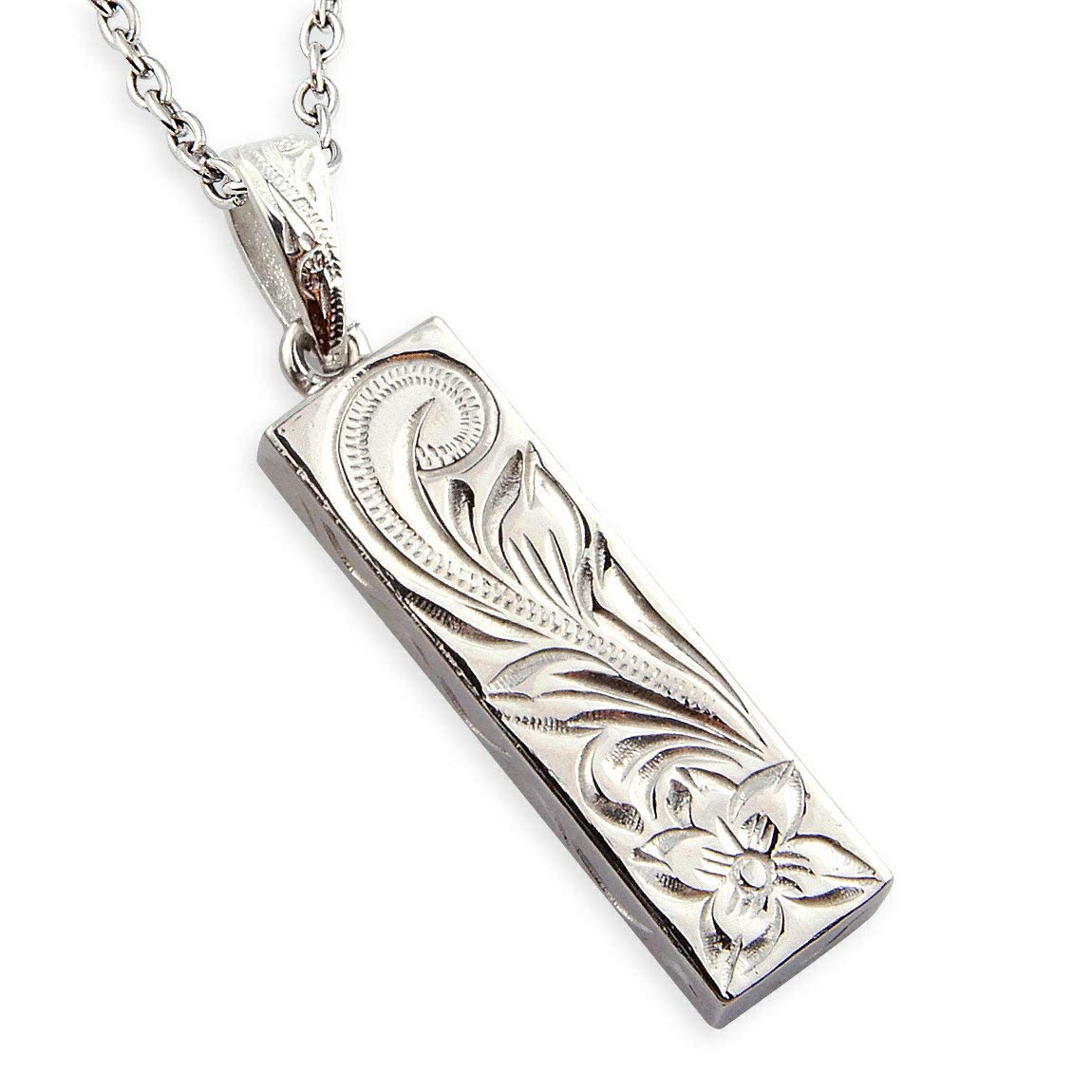 

(Aloha Lokahi) Hawaiian Jewelry Necklace, Surgical Stainless Steel, Heavyweight Scroll Design, Stainless Steel Silver Cable Chain (2mm width), 40cm