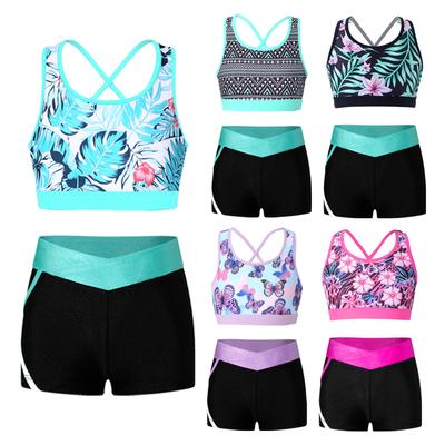 Dívčí sportovní set bez rukávů, s kulatým výstřihem, s ramínky na zádech, crop top s potiskem, šortky s nízkým elastickým pasem