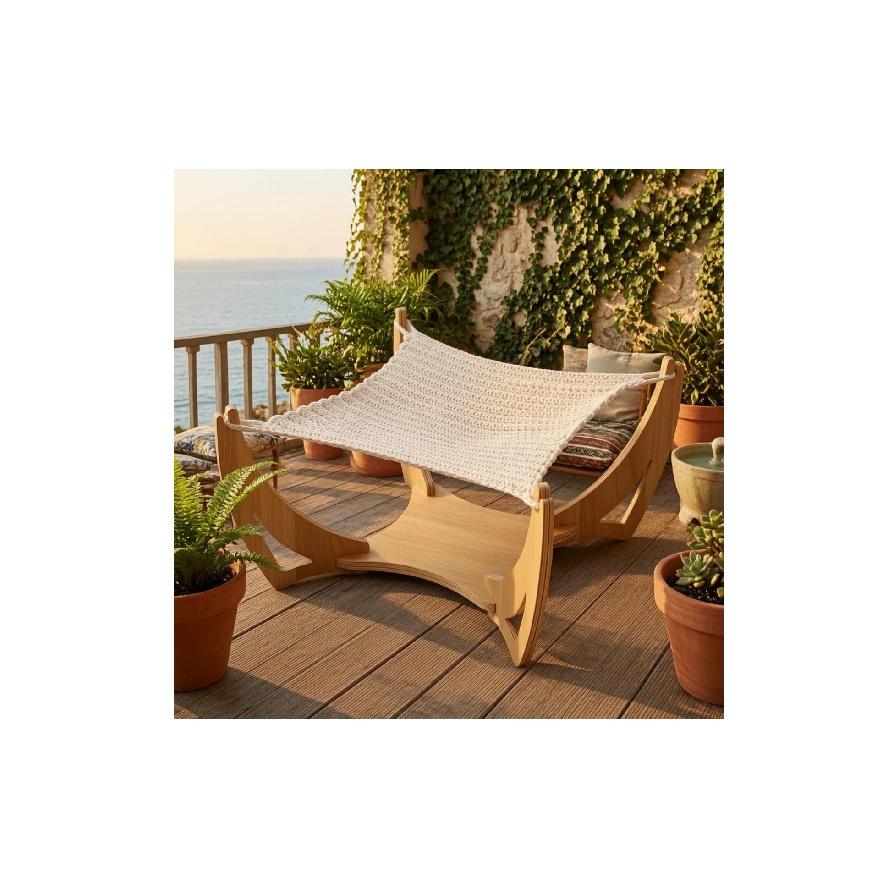 Woven Feline Sling Bed Handwoven Wooden Feline Sling Pet Furniture Freestanding Airy Design