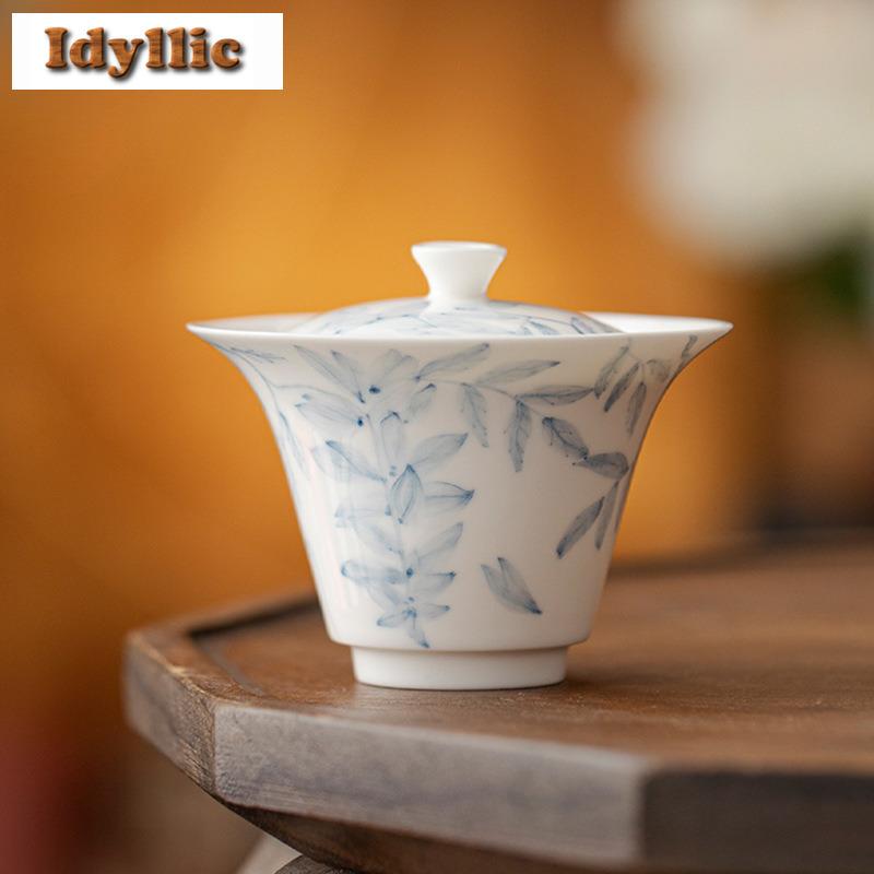 120ml Hand-painted Wisteria Flower Gaiwan Handmade Tea Tureen Tea Bowl With Lid Kit Tea Brewing Cover Bowl Tea Items Gift Craft