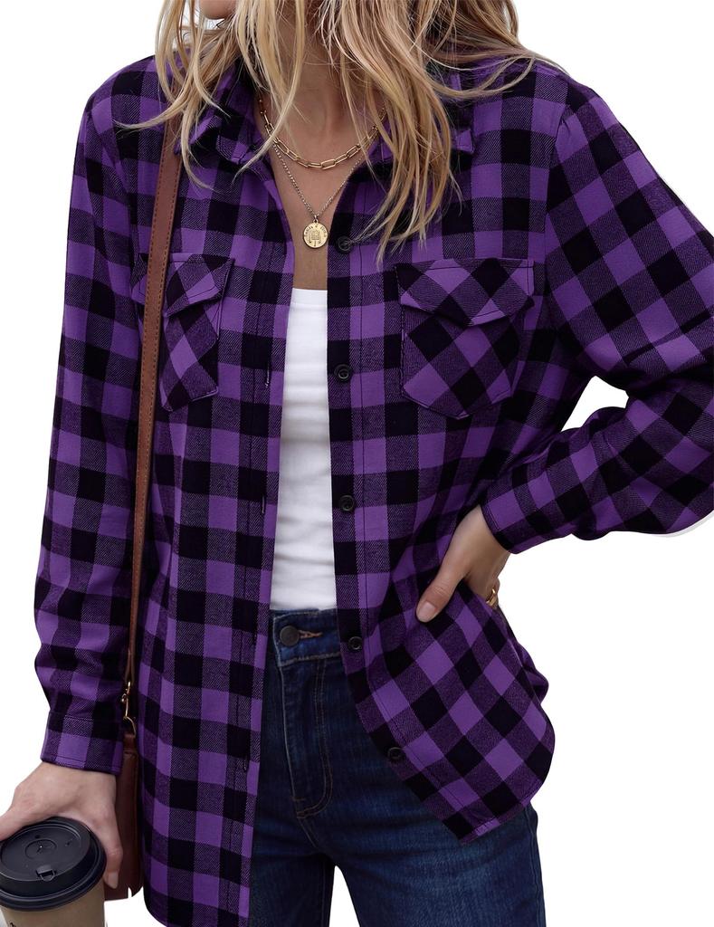 Women's Casual Plaid Long Sleeve Shirt Jacket with Lapel Collar for Everyday Wear