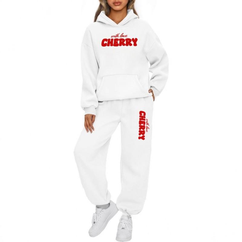Womens Oversized Drop Shoulder Hooded Sweatshirt Set Cherry Print Loose Streetwear Two-Piece Outfit