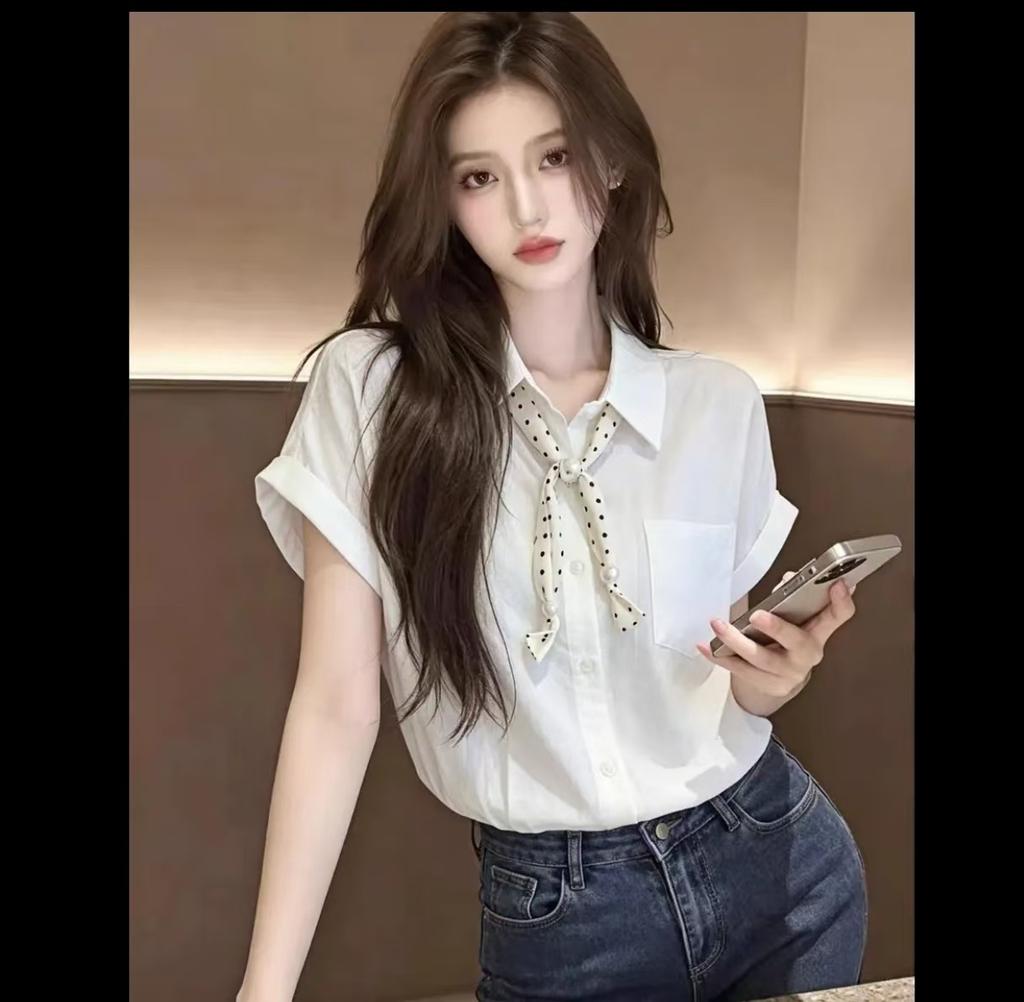 Korean Polka Dot Silk Scarf Short-sleeved Blue Shirt Women's New High-end Simple Temperament Fashion Versatile Top A