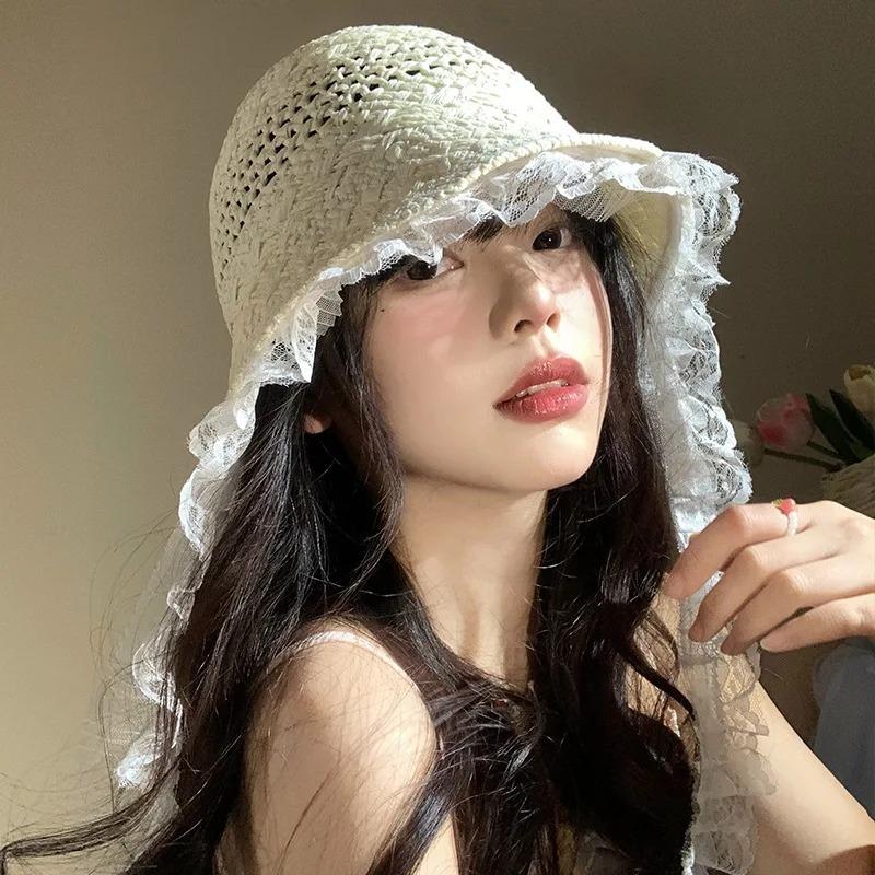 New Korean Simple Lace Big Brim Straw Hat For Women'S Summer Outdoor Hollow Breathable Sunshade Seaside Vacation Sun Hats