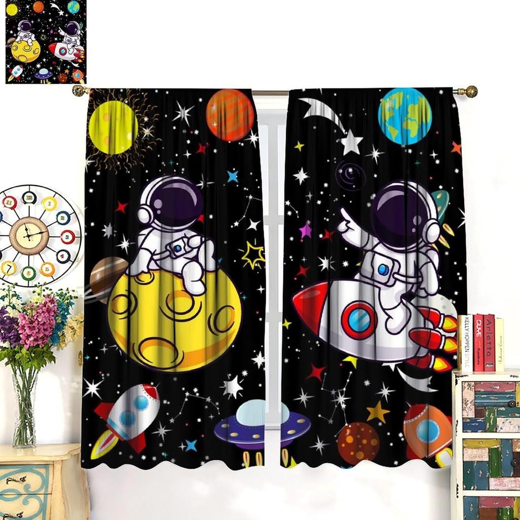 Space Astronaut Curtain,Cartoon Solar System Universe Rocket Spaceship Planet Earth Stars Window Treatments Drapes for Kids Boys