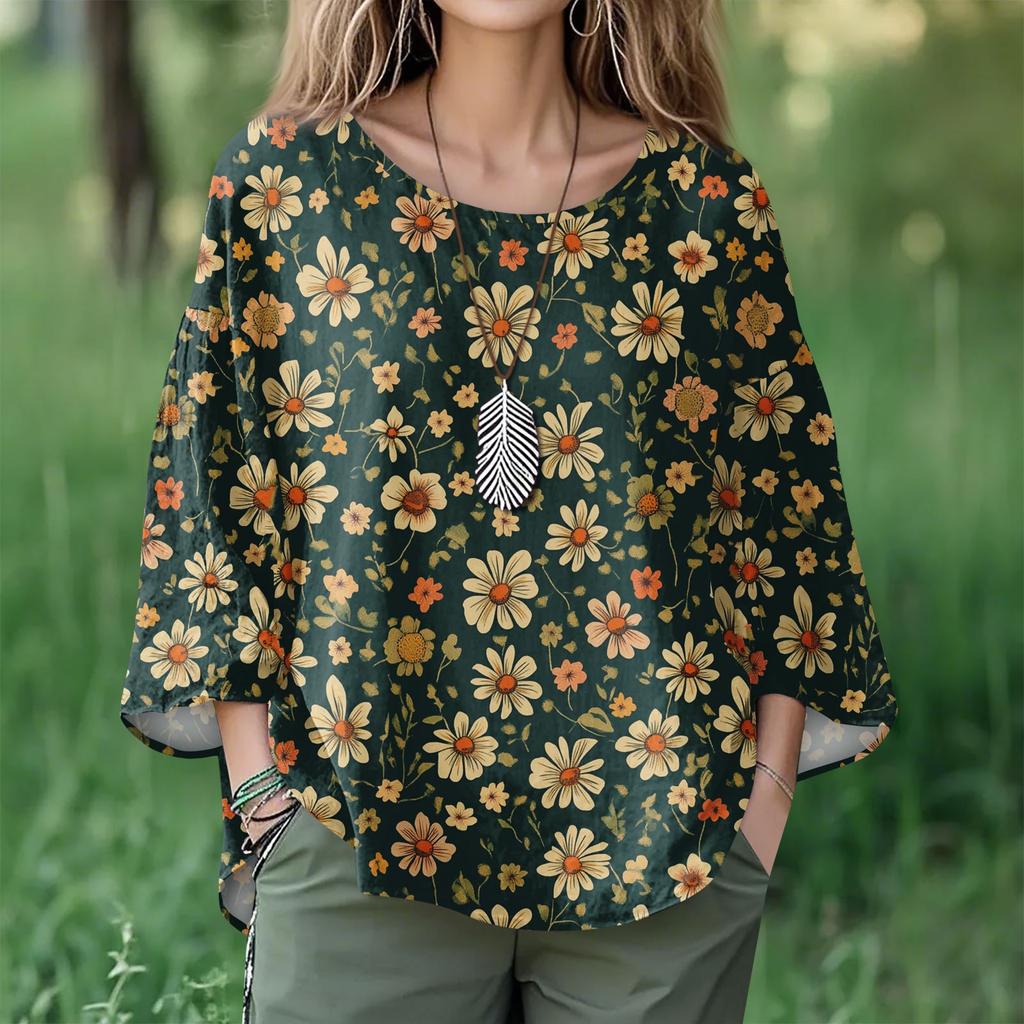 Summer Tops For Women Cute O Neck 3/4 Sleeve Blouses Floral Print Top Casual Shirts
