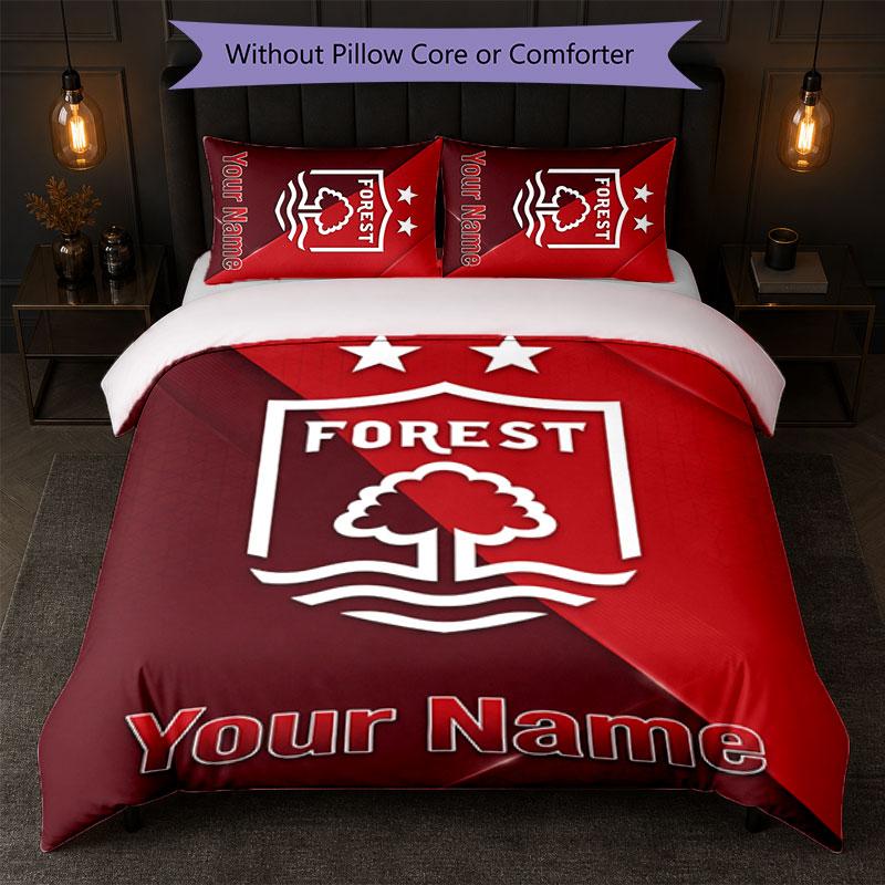Nottingham Forest FC Benutzerdefinierter Name Text Bettwäsche-Set 1 Bettbezug+2 Kissenbezüge Fußball-Logo Personalisierte Geschenk für besonderen Anlass Schlafzimmer-Dekoration