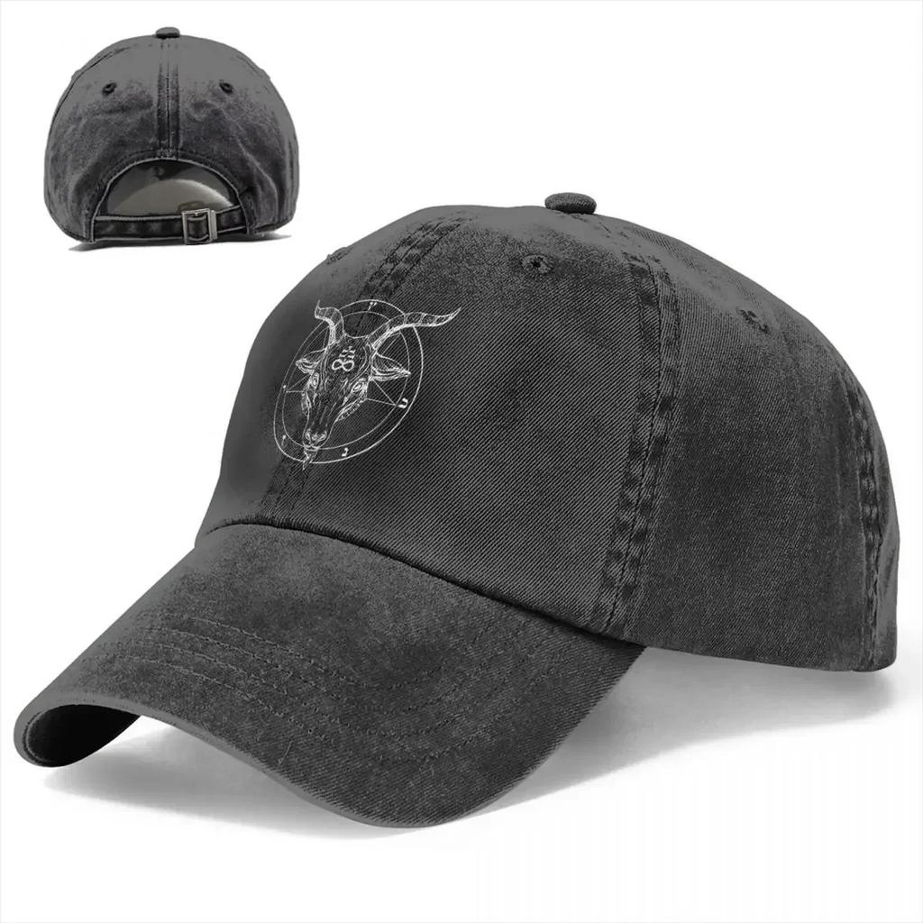 Baphomet Tête de Bouc Pentagramme Casquettes de Baseball Vintage Denim Usé Lavé Couvre-chef Unisexe Femmes Chapeaux de Casquette pour la Course en Plein air le Golf
