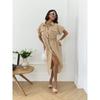 Women's Turn Down Collar Short Sleeve Midi Dress Loose Mid Waist Elegant Solid Polyester Rayon Nylon Shirt Dress With Pocket Drawstring