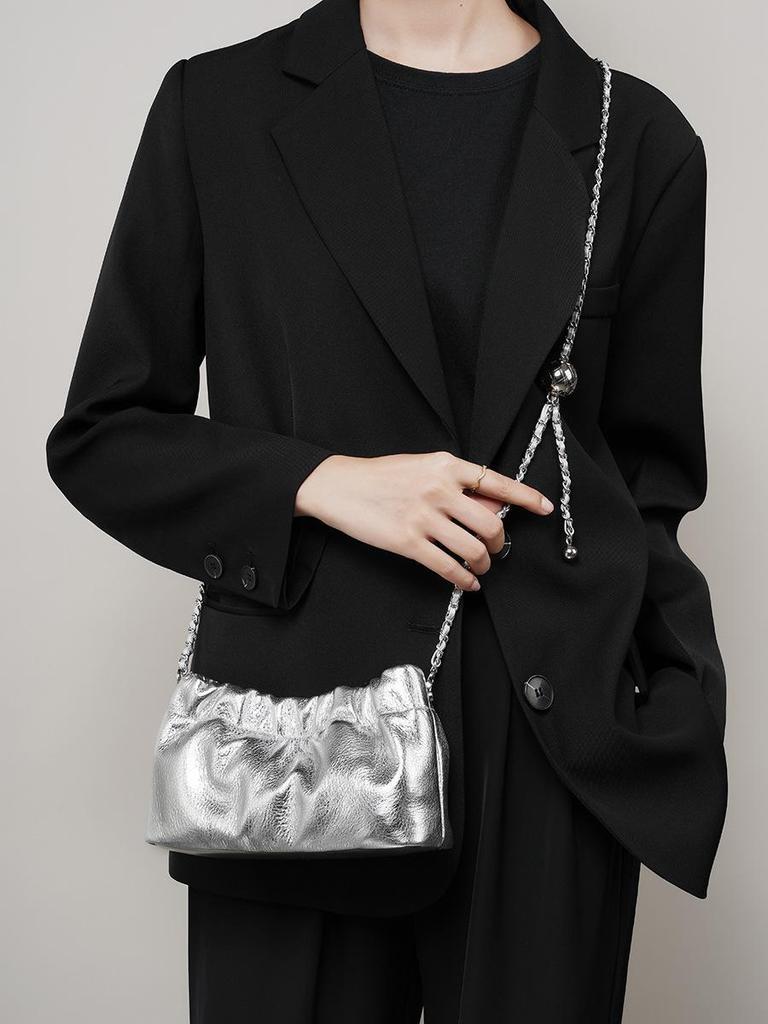 2024 Women's Cloud Pleated Leather Shoulder Bag with Gold Ball Chain