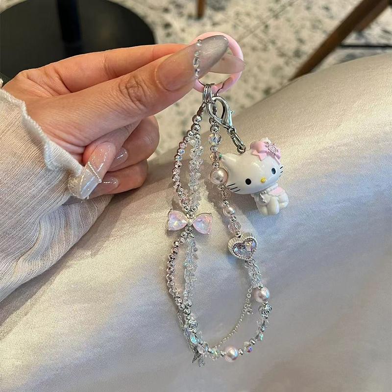 Cute Sanrio Hello Kitty Bow Beaded Phone Chain Lanyard Ccd Camera Charm Accessories Girly Keychain Pendants Anti-Lost Rope Gifts