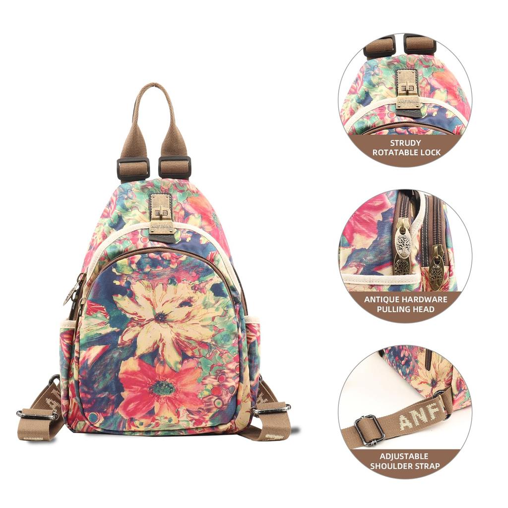 ANFUMAN Small Backpack with Wallet for Women, Mini Waterproof Colorful Print Backpack, Leisure Travel Bag, Drawstring, Size M, Casual.