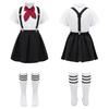Girls Preppy Style Turndown Collar Bow Top Long or Short Sleeve Button Down with Elastic Waistband Overalls Skirt and Socks Outfit