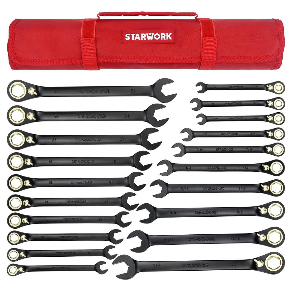 STARWORK TRUE Ratchet Wrench 120T Head Gear XL Ratchet Wrench Set with Storage Bag 20-Piece MECHANIC™ Dual-purpose Non-Slip (SAE/Metric)