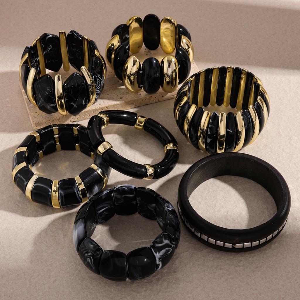 7 Styles Vintage Thick Resin Acrylic Bangles for Women Geometric Wide Chunky Elastic Bracelets Wood Bangle Metal Hand Jewelry