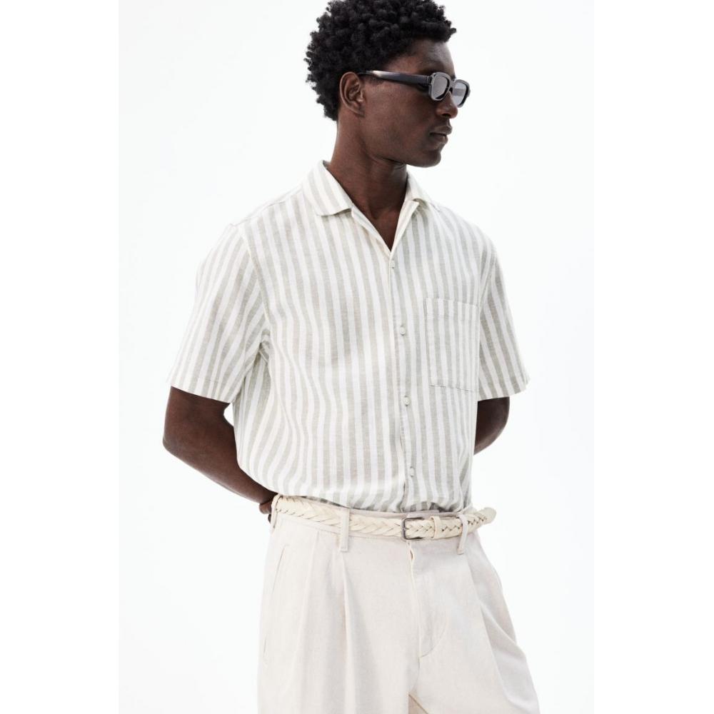 H M Regular Fit sHort Sleeve Linen Blend sHirt Green wHite Stripe
