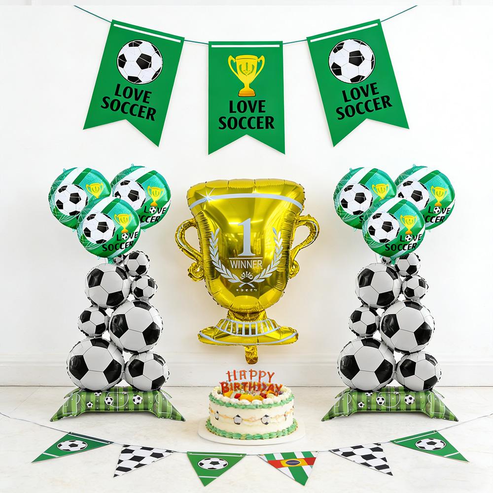 9Pcs Soccer Theme Foil Balloon Set, Standing Football Stack & Golden Champion Trophy Mylar Balloons, 18-Inch Round Soccer Balloon