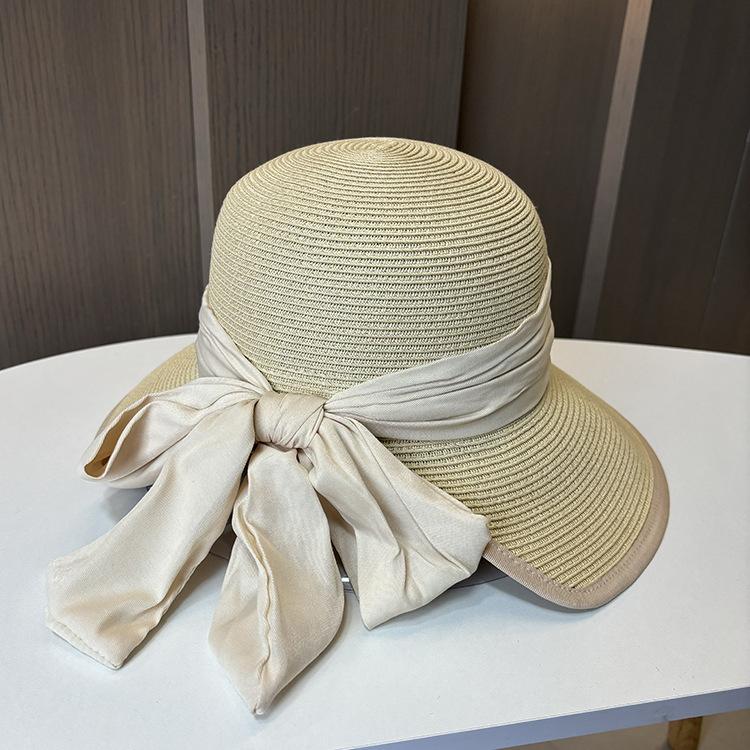 

Spring and Summer Bow Streamer Rear Split Straw Hat Foldable Sunscreen Beach Hat Breathable Sun Hat M（56-58cm） бежевый