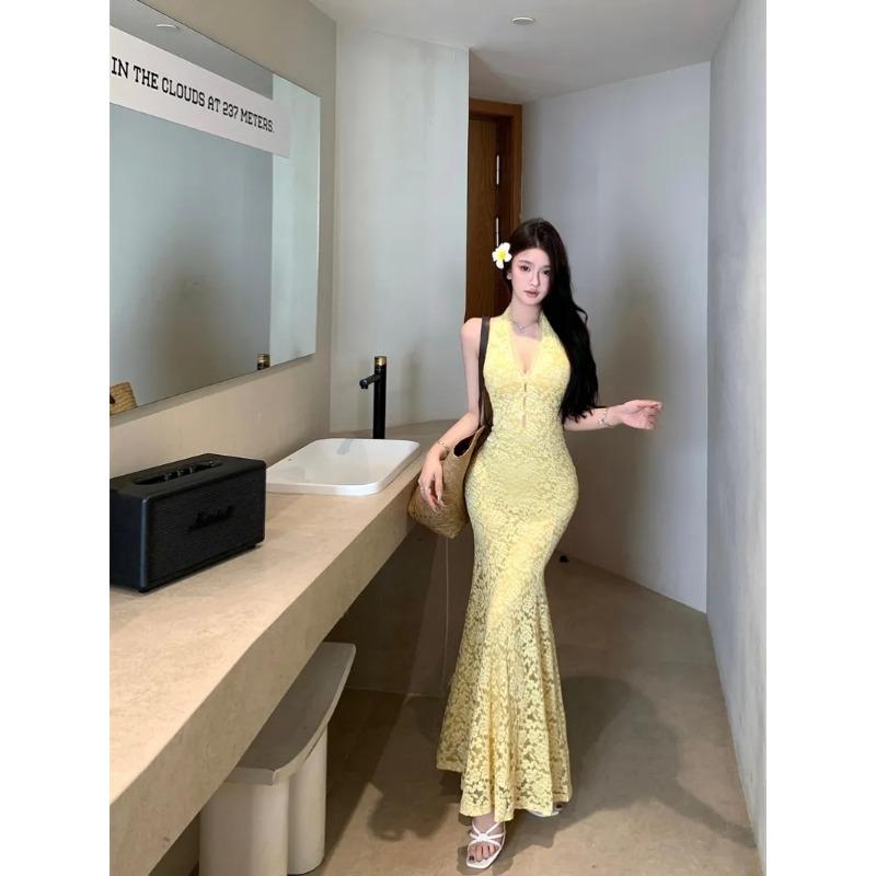 Womens Yellow Lace V Neck Sleeveless Mermaid Maxi Dress S