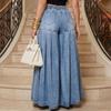 Womens Vintage Washed Denim Trousers High Rise Pleated Oversized Swing Maxi Wide Leg Floor-Length Flare Palazzo Pants