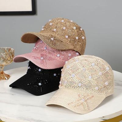 Women's Spring Summer Baseball Cap Fashion Pearl Rhinestone Plaid Cap Mesh Breathable Sun Hat
