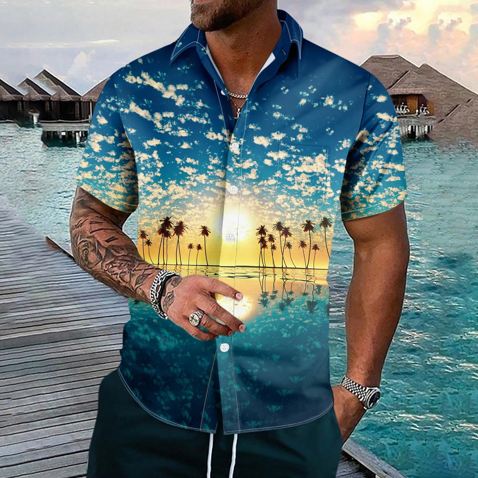 

Мужская модная повседневная рубашка на пуговицах с топом с короткими рукавами и гавайским принтом L синий