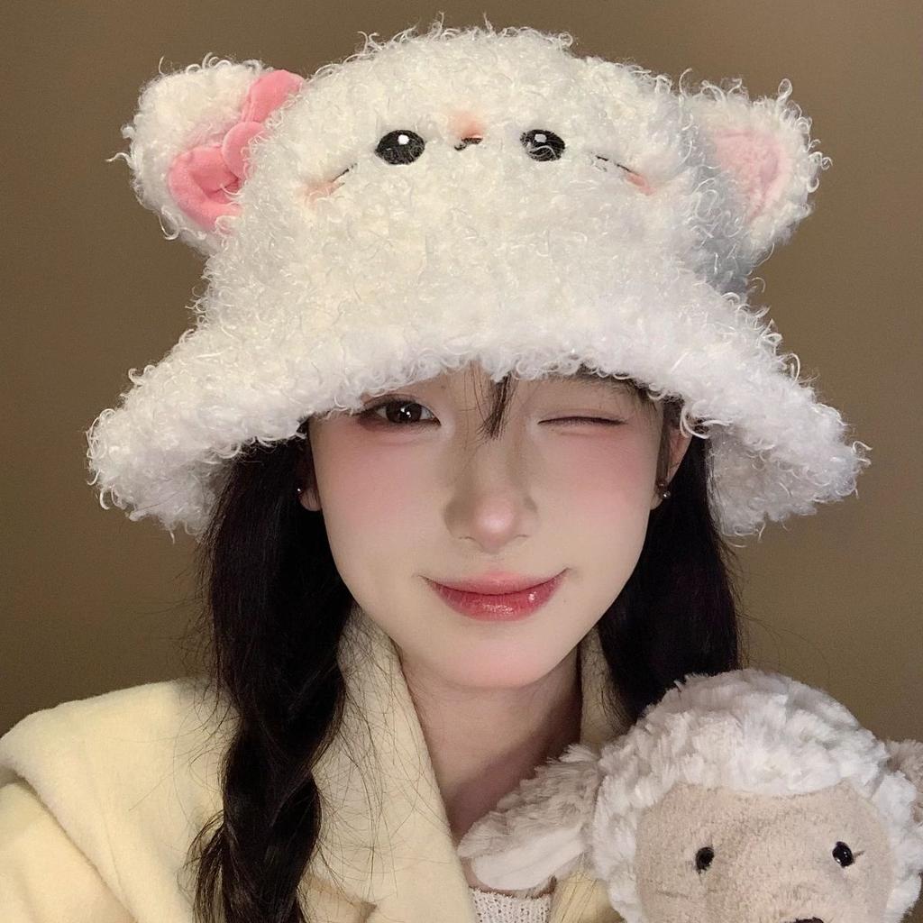 Autumn and winter cute cat bow bucket hat lamb plush bucket hat women's big head circumference washbasin hat