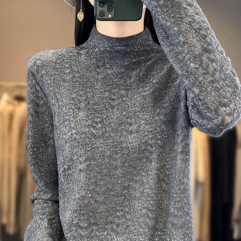 2025 Spring Worsted Wool Knit Sweater: Half-High Neck, Long Sleeve, Floral Hollow Design Pullover