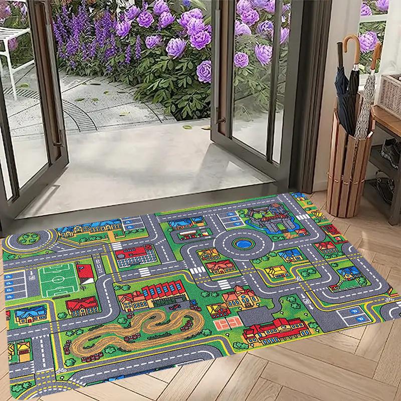 Racetrack and City Map Area Rug Kids Playroom Non Slip Floor Mat Cartoon Bedroom Home Decor Durable Washable 1PC