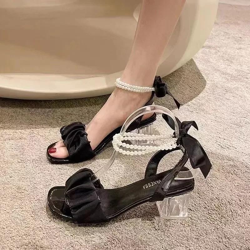 Fashion Women's Comfort Shoes Block Shaped High Heel Pearl Sandals Mediterranean Set Women's Beige Full Set Thick 2024